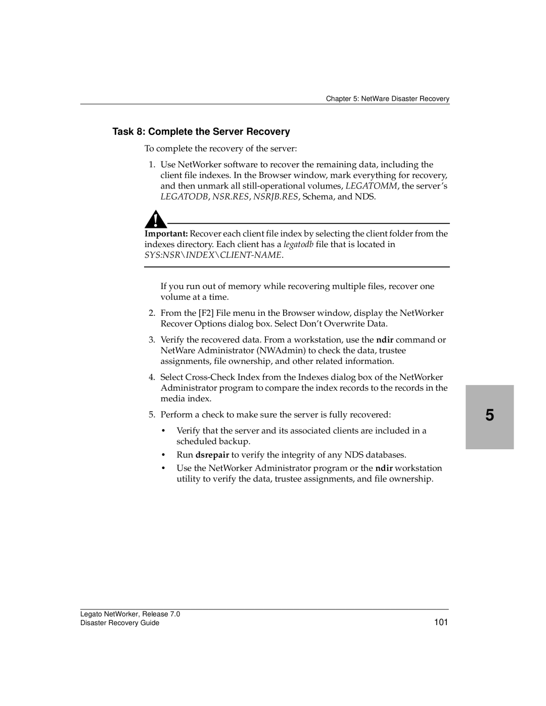 HP Legato Networker manual Task 8 Complete the Server Recovery, 101 