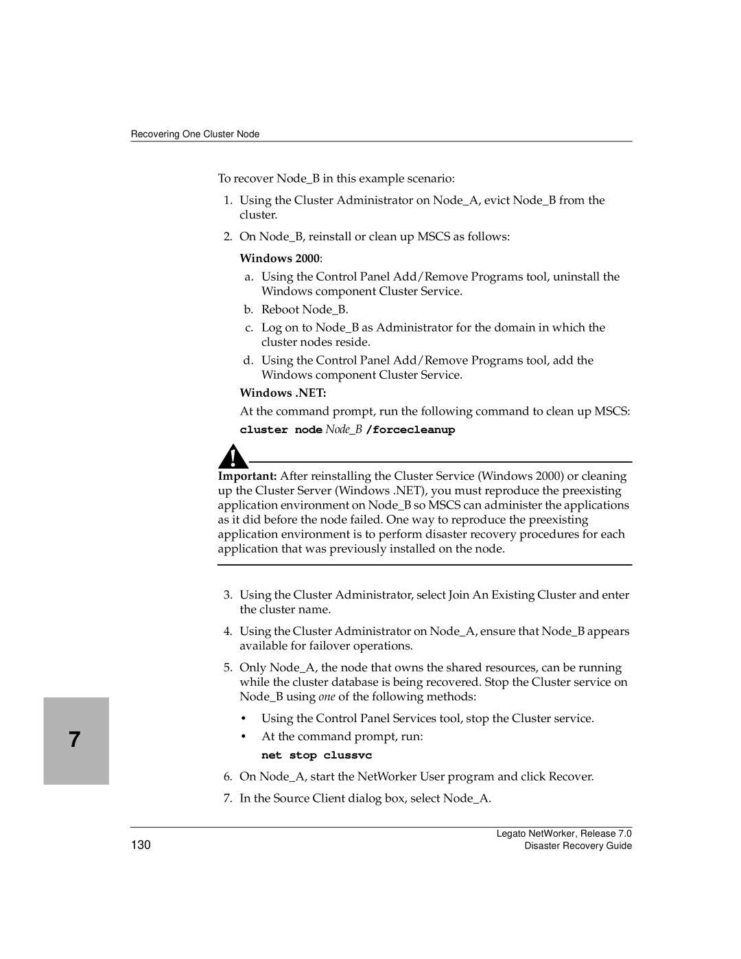 HP Legato Networker manual Windows .NET, Cluster node NodeB /forcecleanup, Net stop clussvc, 130 