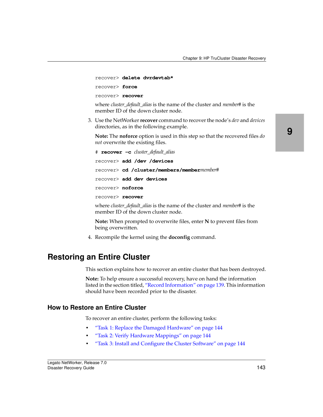 HP Legato Networker manual Restoring an Entire Cluster, Recover delete dvrdevtab 