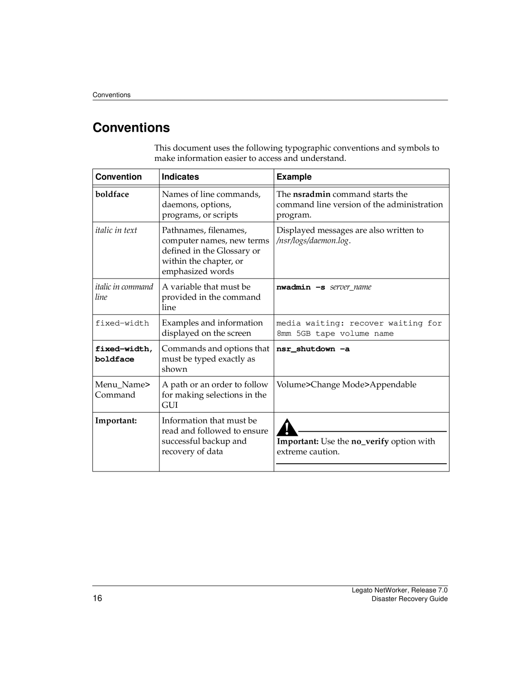 HP Legato Networker manual Conventions, Boldface, Important Use the noverify option with 