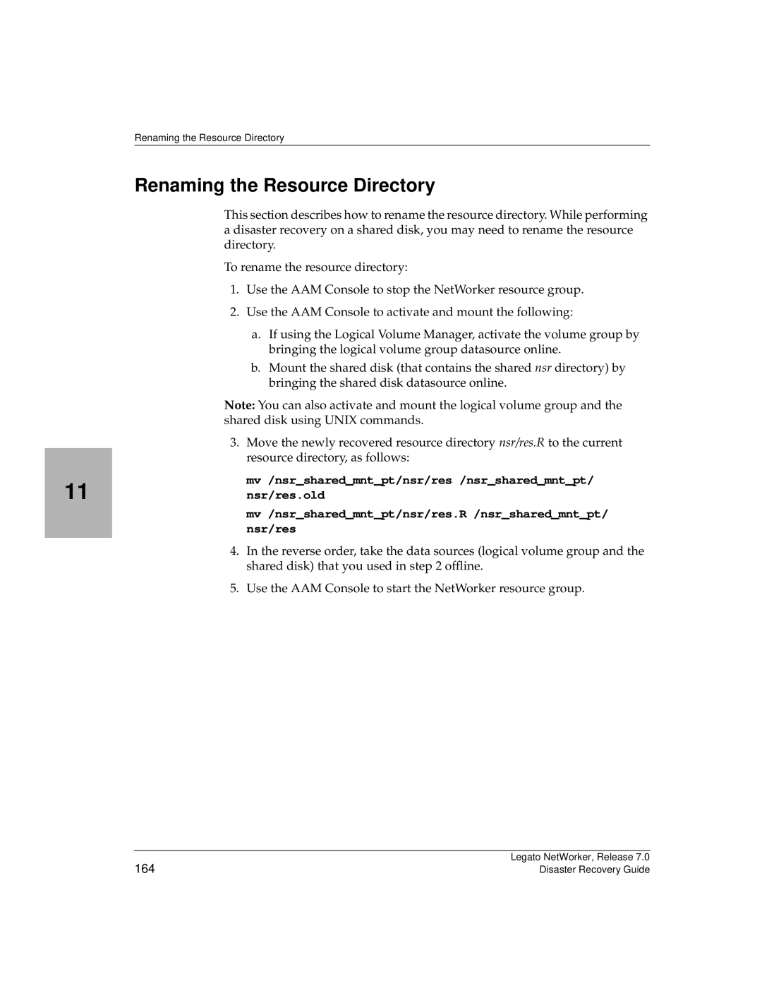 HP Legato Networker manual Renaming the Resource Directory, Mv /nsrsharedmntpt/nsr/res /nsrsharedmntpt, Nsr/res.old 