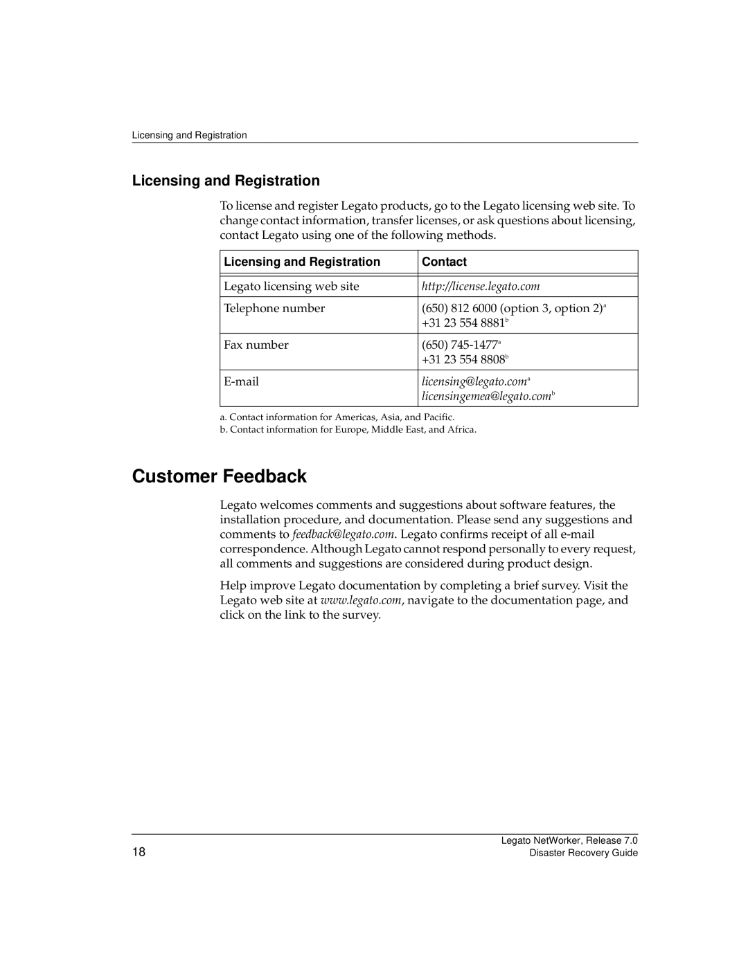 HP Legato Networker manual Customer Feedback, Licensing and Registration, Http//license.legato.com 