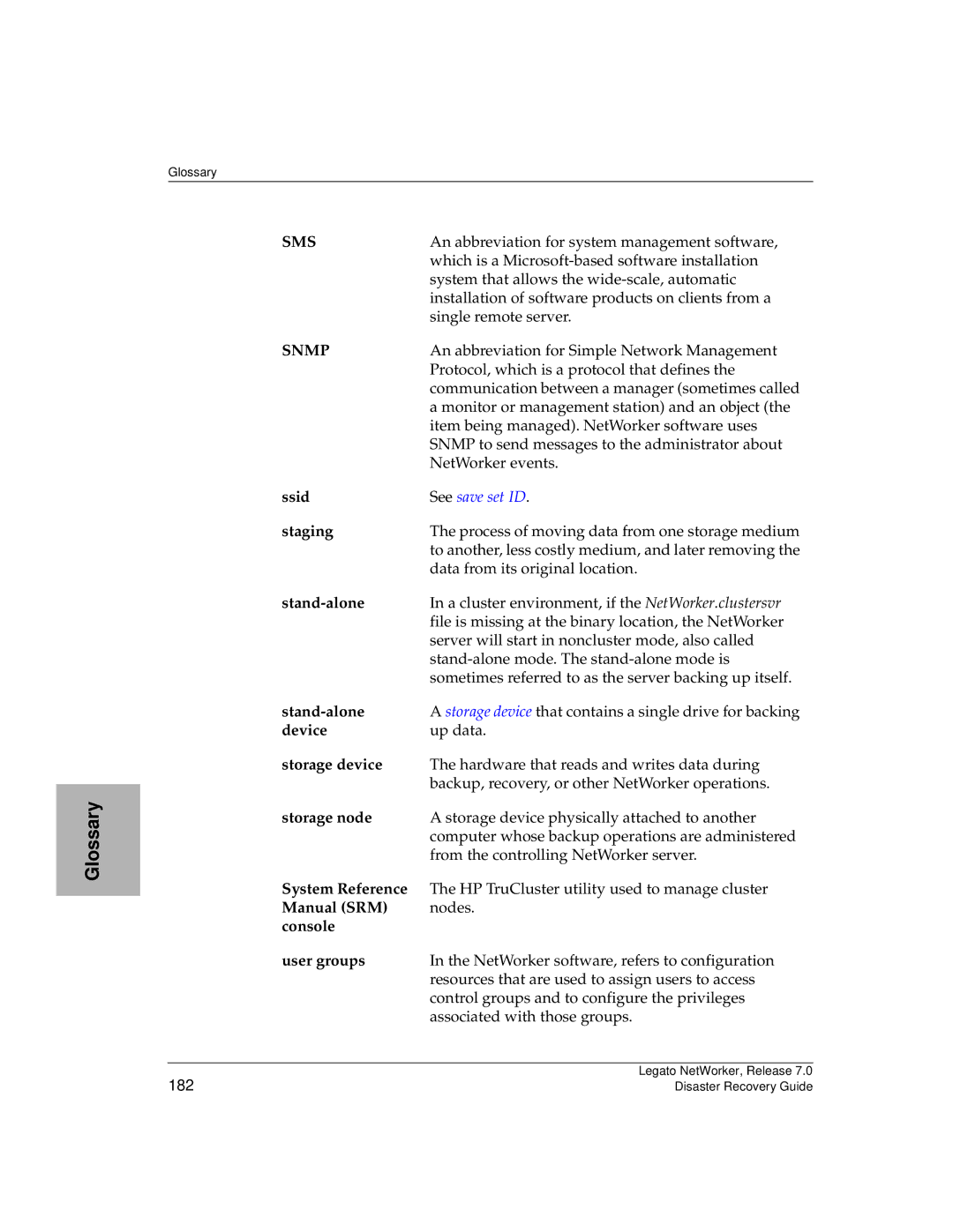 HP Legato Networker manual Ssid, Staging, Stand-alone, Storage device, Storage node, System Reference, Manual SRM 