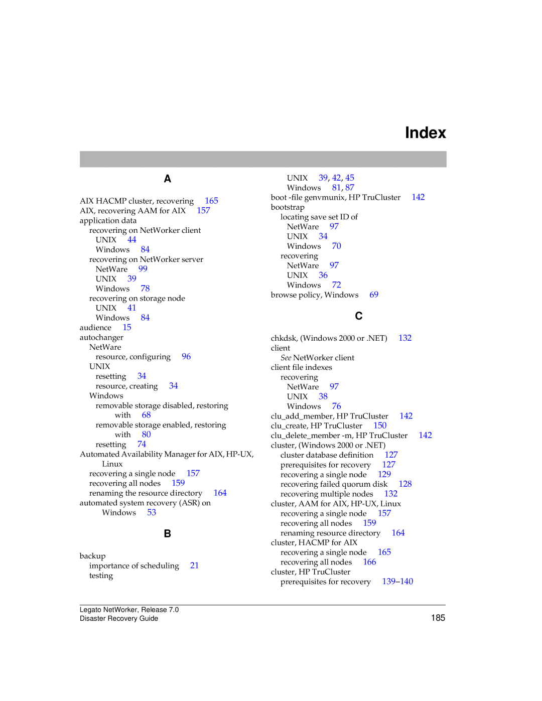 HP Legato Networker manual Index, 185 