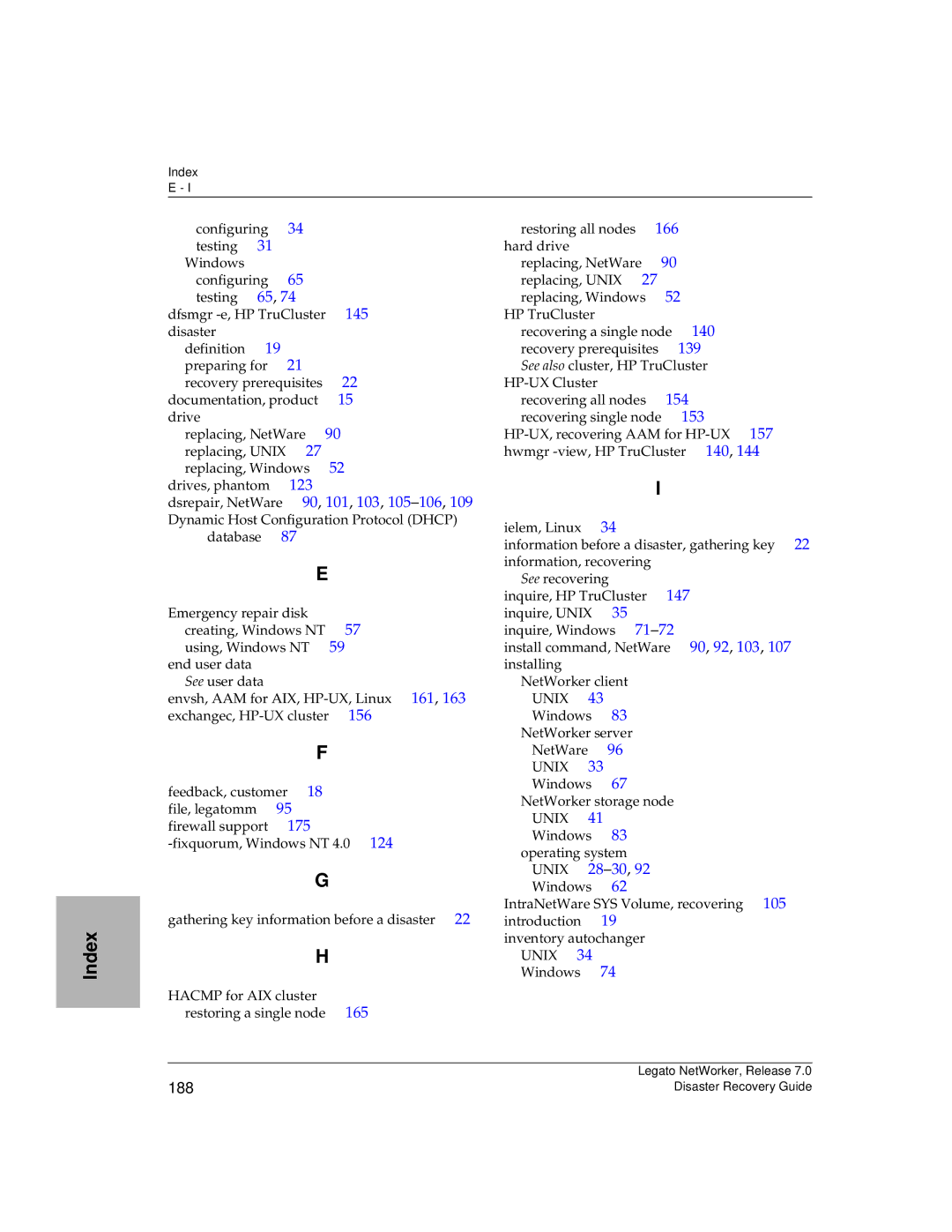 HP Legato Networker manual 90, 101, 103, 105-106,109, 175, 139, Unix 28-30,92, 188 