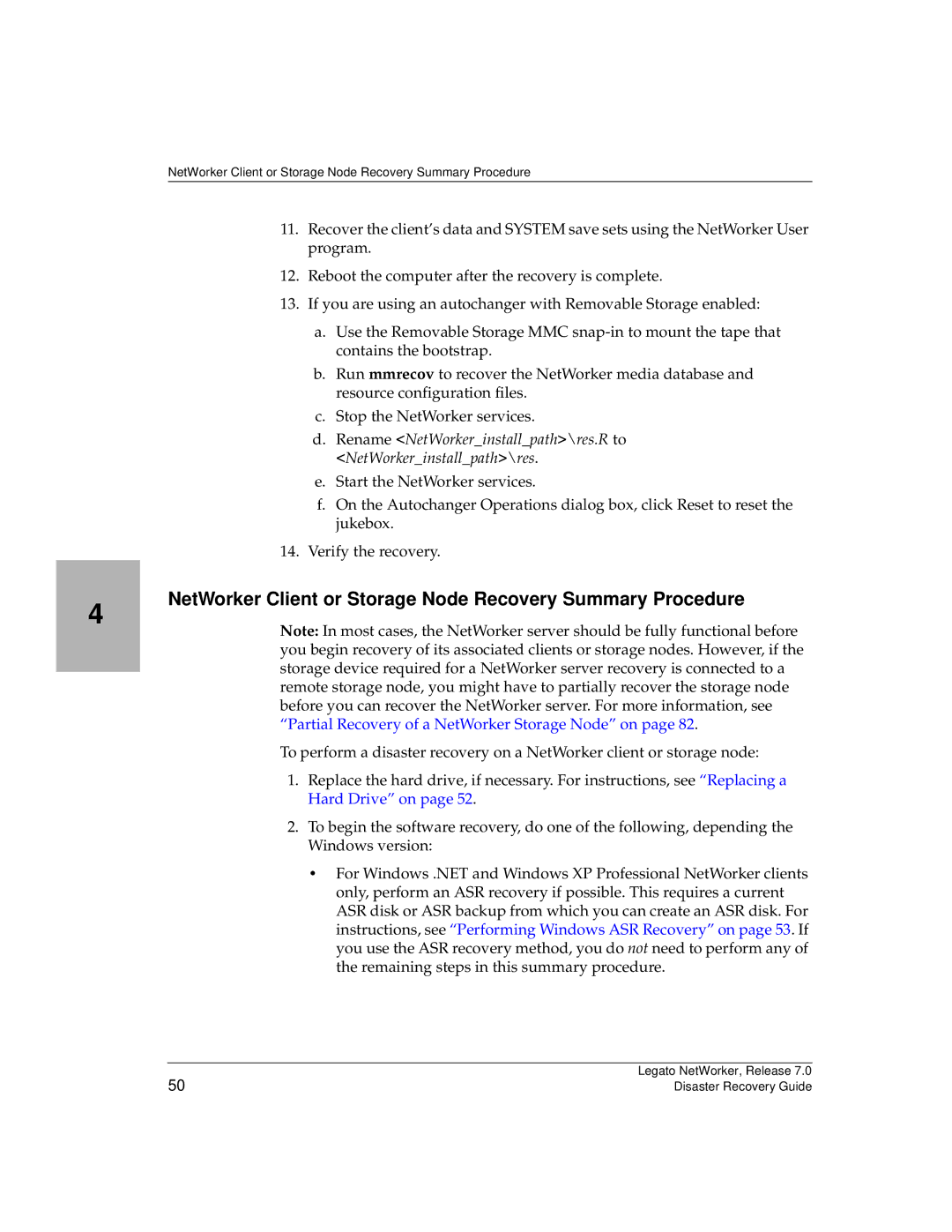 HP Legato Networker manual NetWorker Client or Storage Node Recovery Summary Procedure 