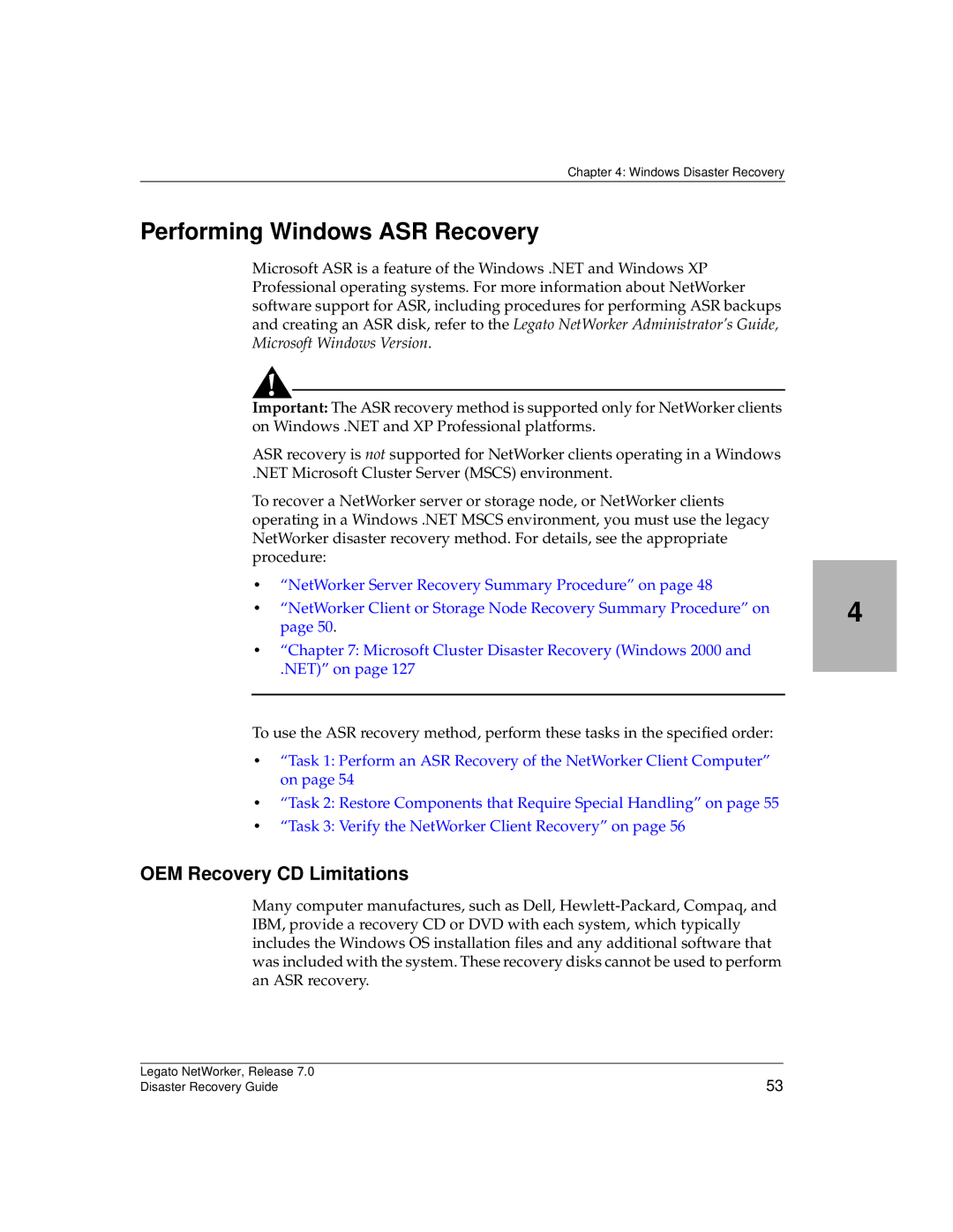 HP Legato Networker manual Performing Windows ASR Recovery, OEM Recovery CD Limitations 