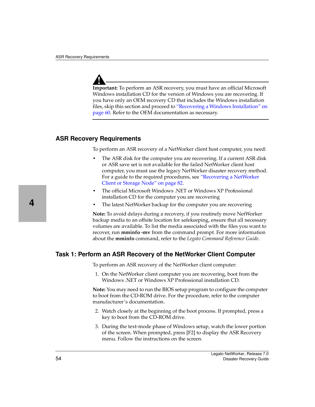 HP Legato Networker manual ASR Recovery Requirements, Client or Storage Node on 