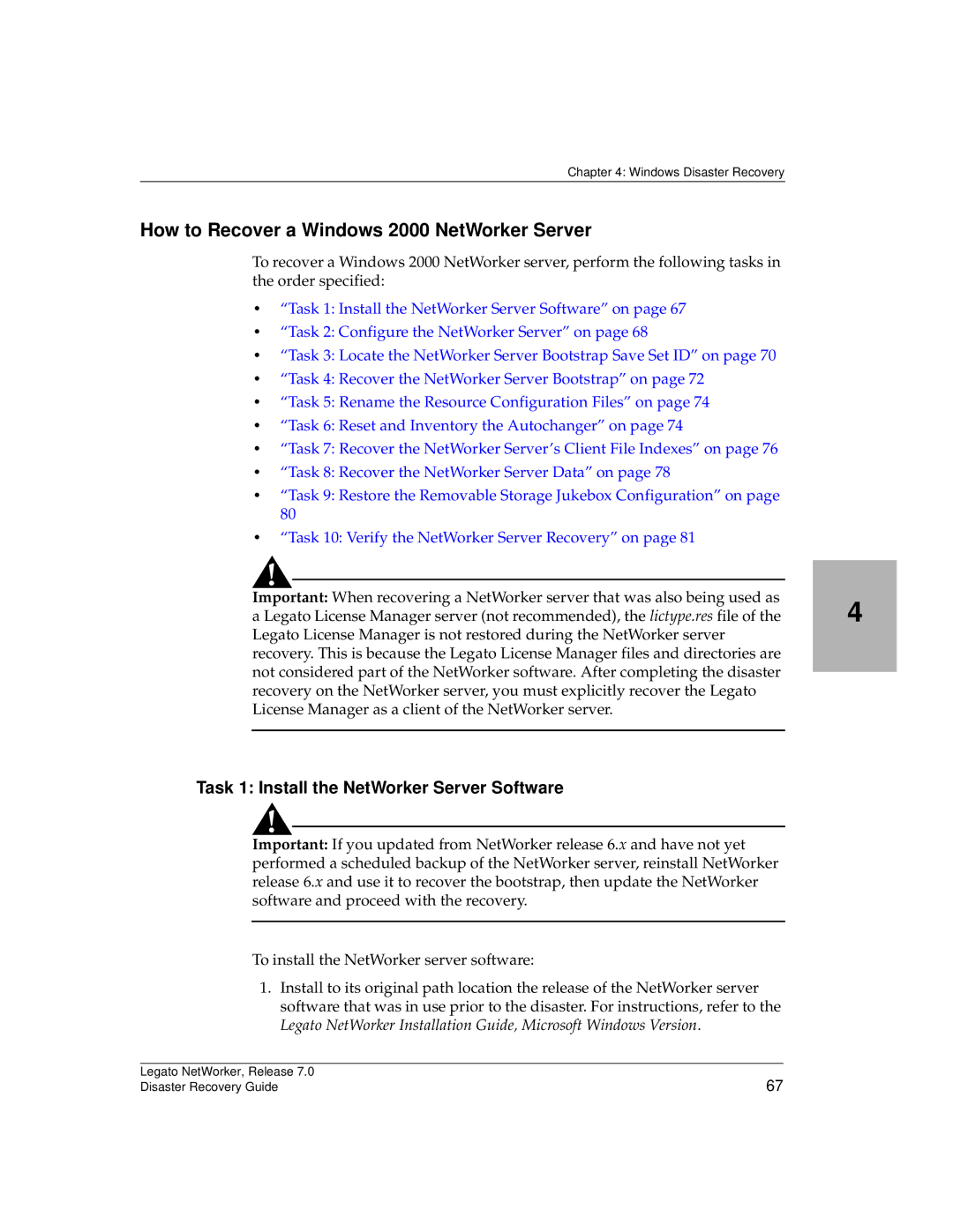 HP Legato Networker manual How to Recover a Windows 2000 NetWorker Server, Task 1 Install the NetWorker Server Software 