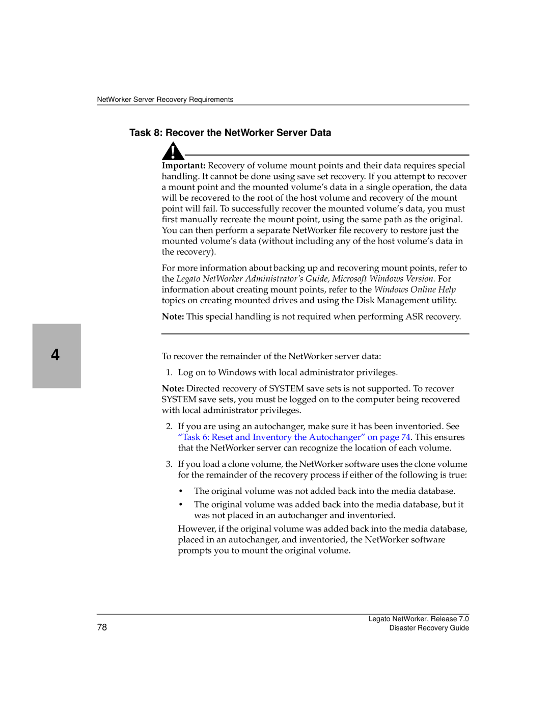 HP Legato Networker manual Task 8 Recover the NetWorker Server Data 
