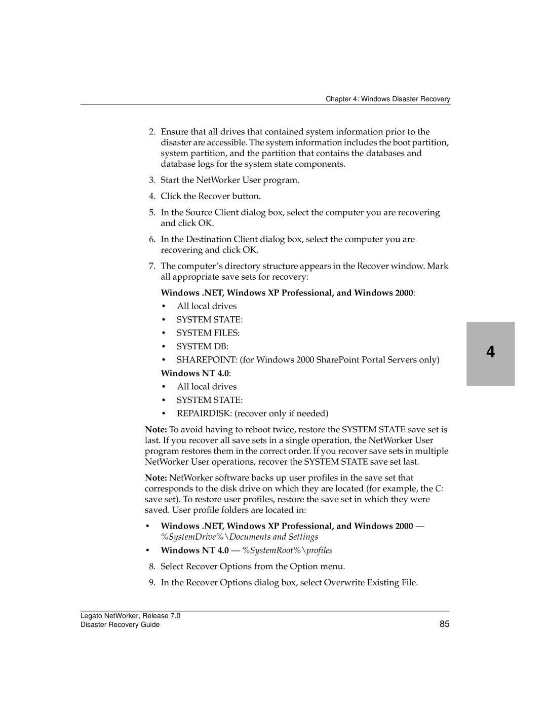 HP Legato Networker manual Windows .NET, Windows XP Professional, and Windows, Windows NT 4.0 %SystemRoot%\profiles 