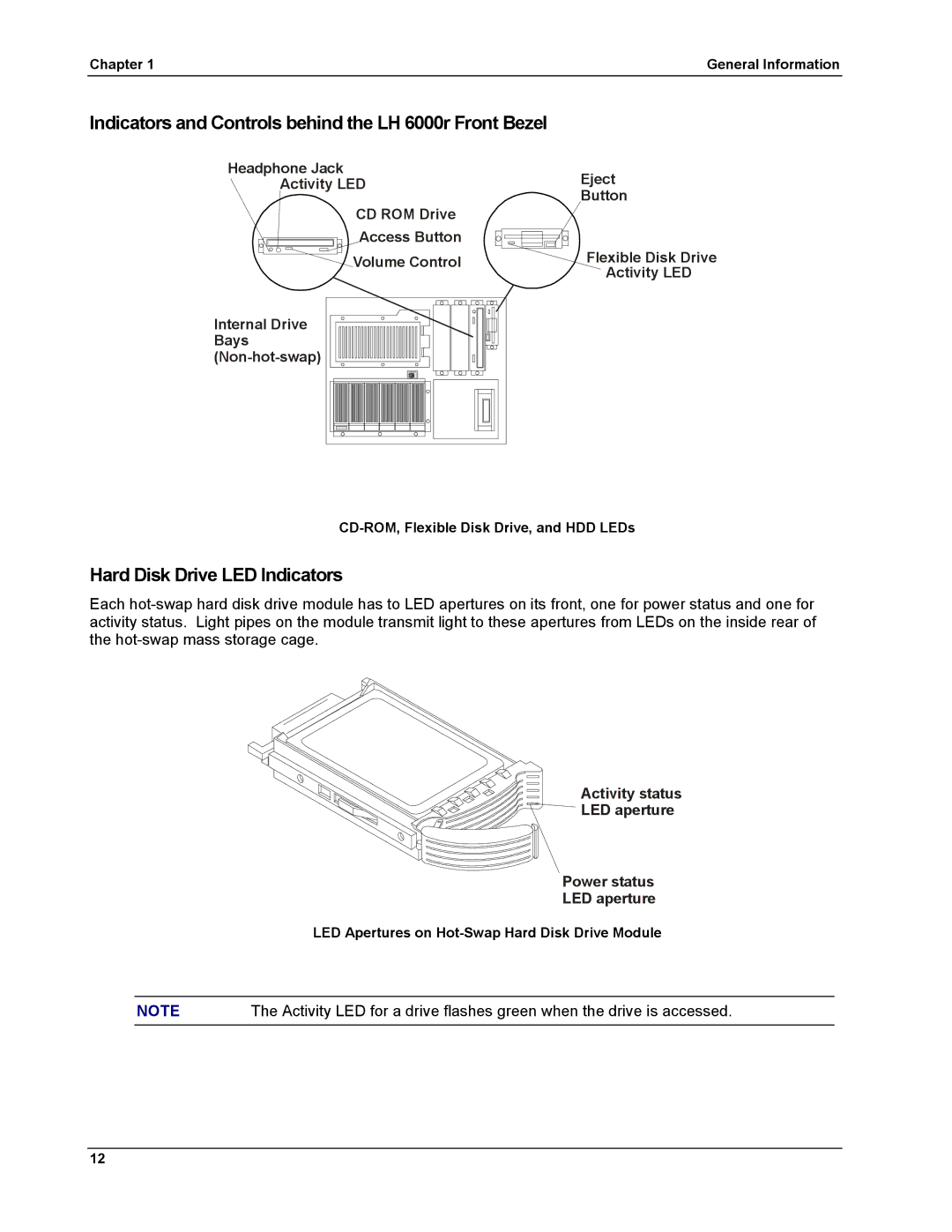 HP manual Indicators and Controls behind the LH 6000r Front Bezel, Hard Disk Drive LED Indicators 