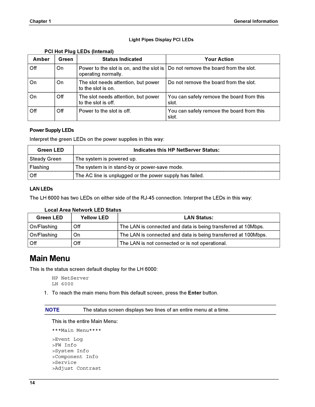 HP LH 6000 manual Main Menu, Power Supply LEDs, Green LED Indicates this HP NetServer Status, LAN LEDs 