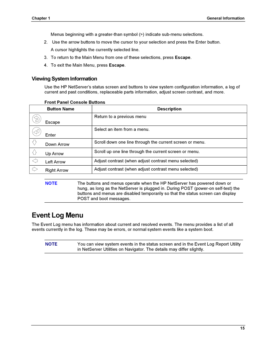 HP LH 6000 manual Event Log Menu, Viewing System Information, Front Panel Console Buttons Button Name Description 