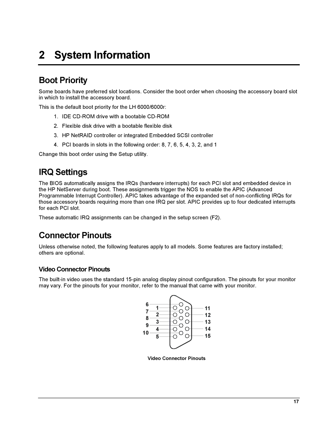 HP LH 6000 manual Boot Priority, IRQ Settings, Video Connector Pinouts 