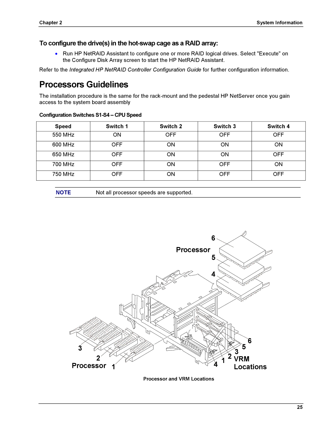 HP LH 6000 manual Processors Guidelines, Configuration Switches S1-S4 CPU Speed 