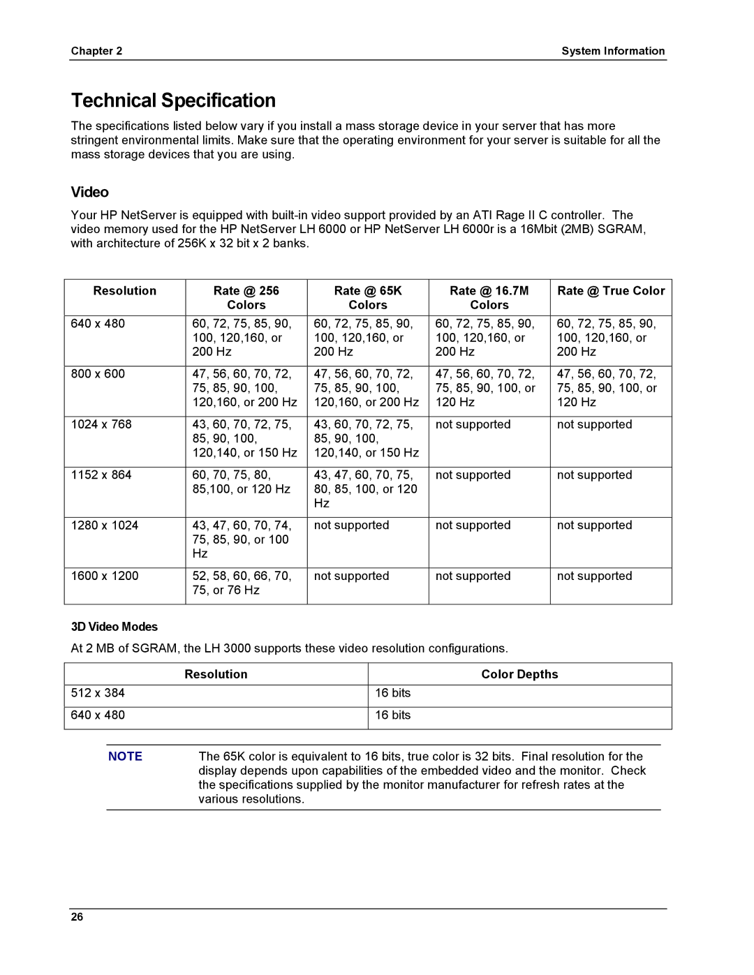 HP LH 6000 manual Technical Specification, 3D Video Modes, Resolution Color Depths 