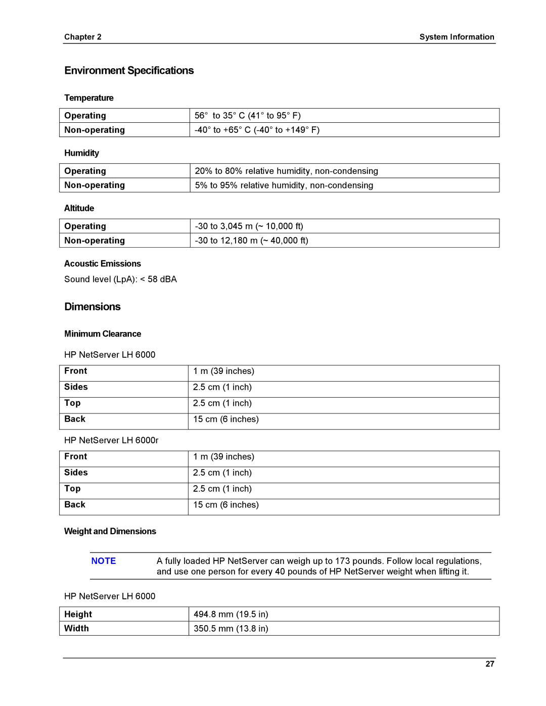 HP LH 6000 manual Environment Specifications, Dimensions 