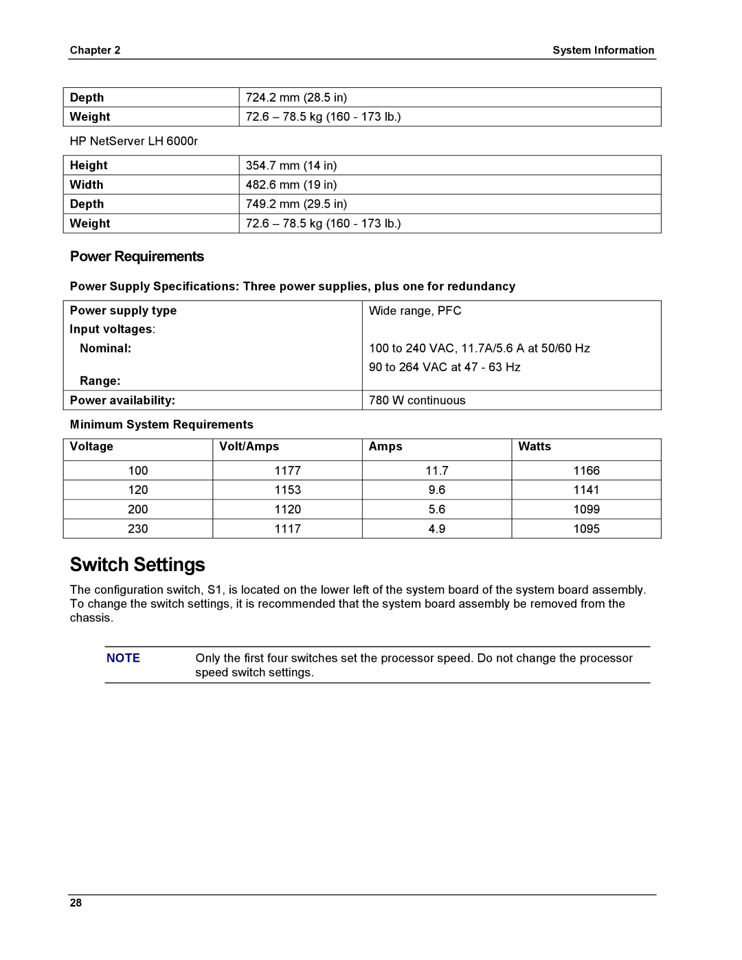 HP LH 6000 manual Switch Settings, Power Requirements 