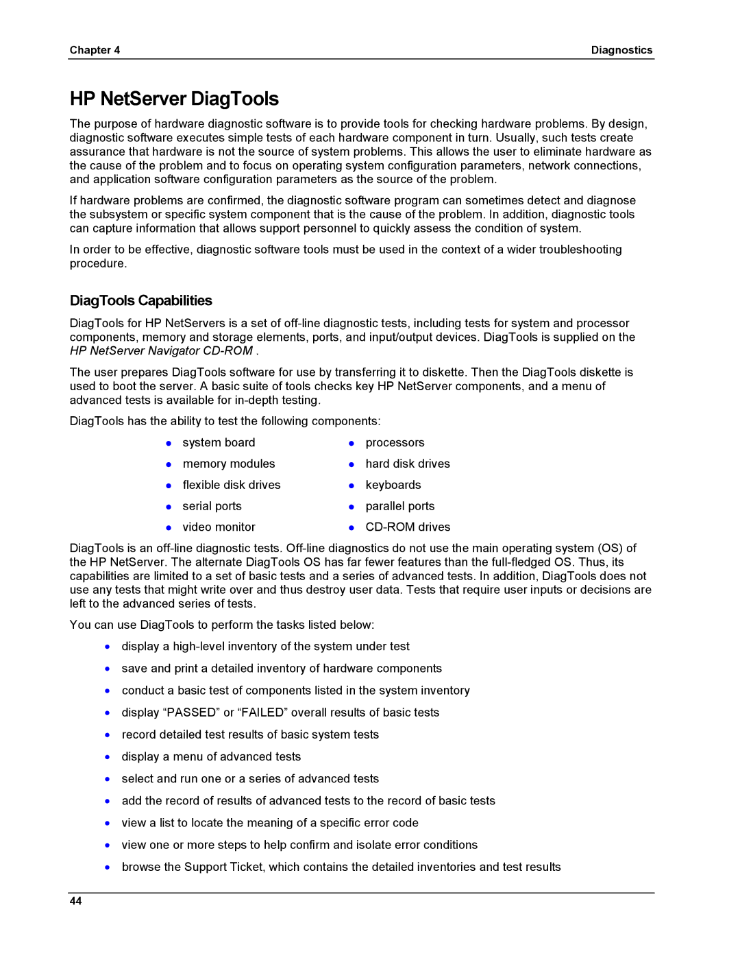 HP LH 6000 manual HP NetServer DiagTools, DiagTools Capabilities 