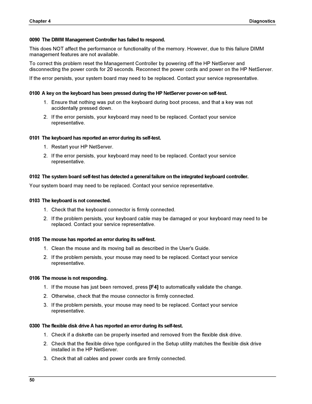 HP LH 6000 manual Dimm Management Controller has failed to respond, Keyboard has reported an error during its self-test 