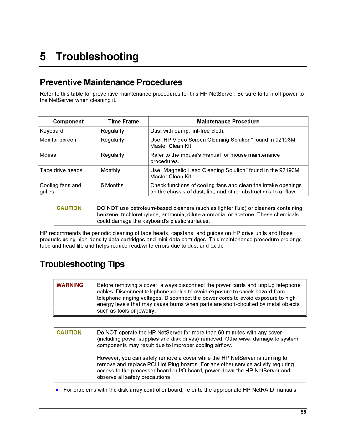 HP LH 6000 manual Preventive Maintenance Procedures, Troubleshooting Tips, Component Time Frame Maintenance Procedure 