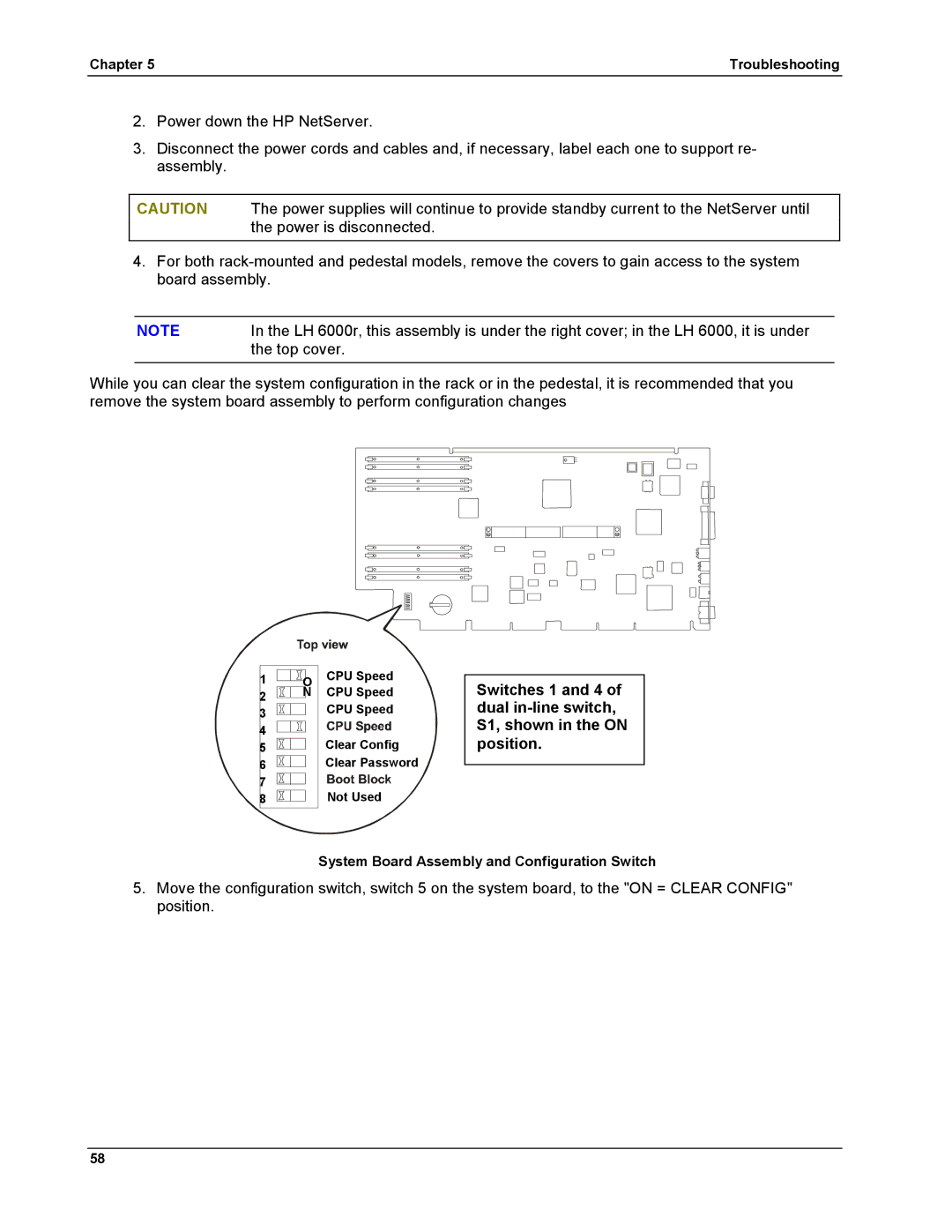 HP LH 6000 manual System Board Assembly and Configuration Switch 