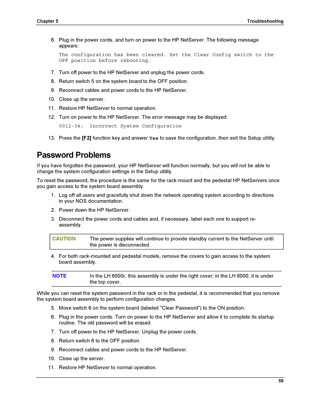 HP LH 6000 manual Password Problems, Incorrect System Configuration 