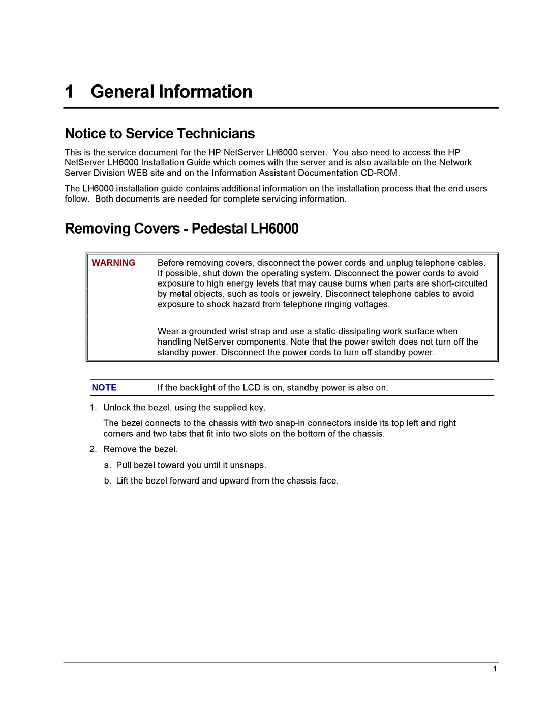 HP LH 6000 manual General Information, Removing Covers Pedestal LH6000 