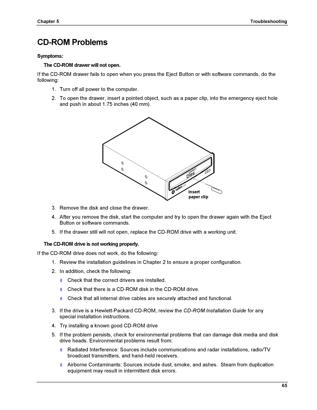 HP LH 6000 manual CD-ROM Problems, Symptoms CD-ROM drawer will not open, CD-ROM drive is not working properly 