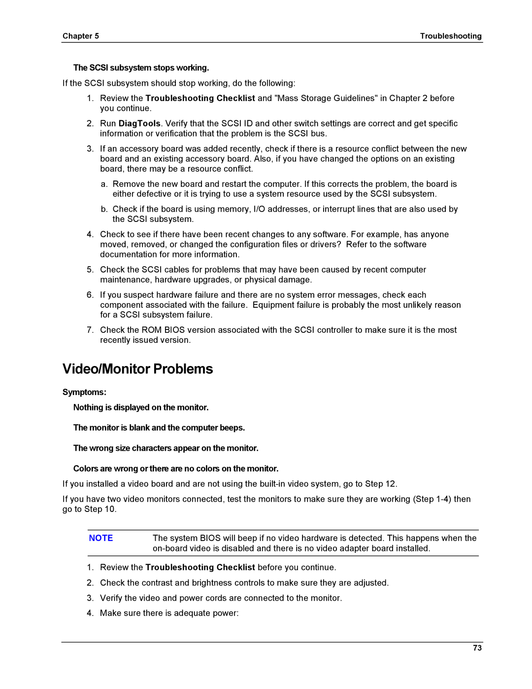 HP LH 6000 manual Video/Monitor Problems, Scsi subsystem stops working 