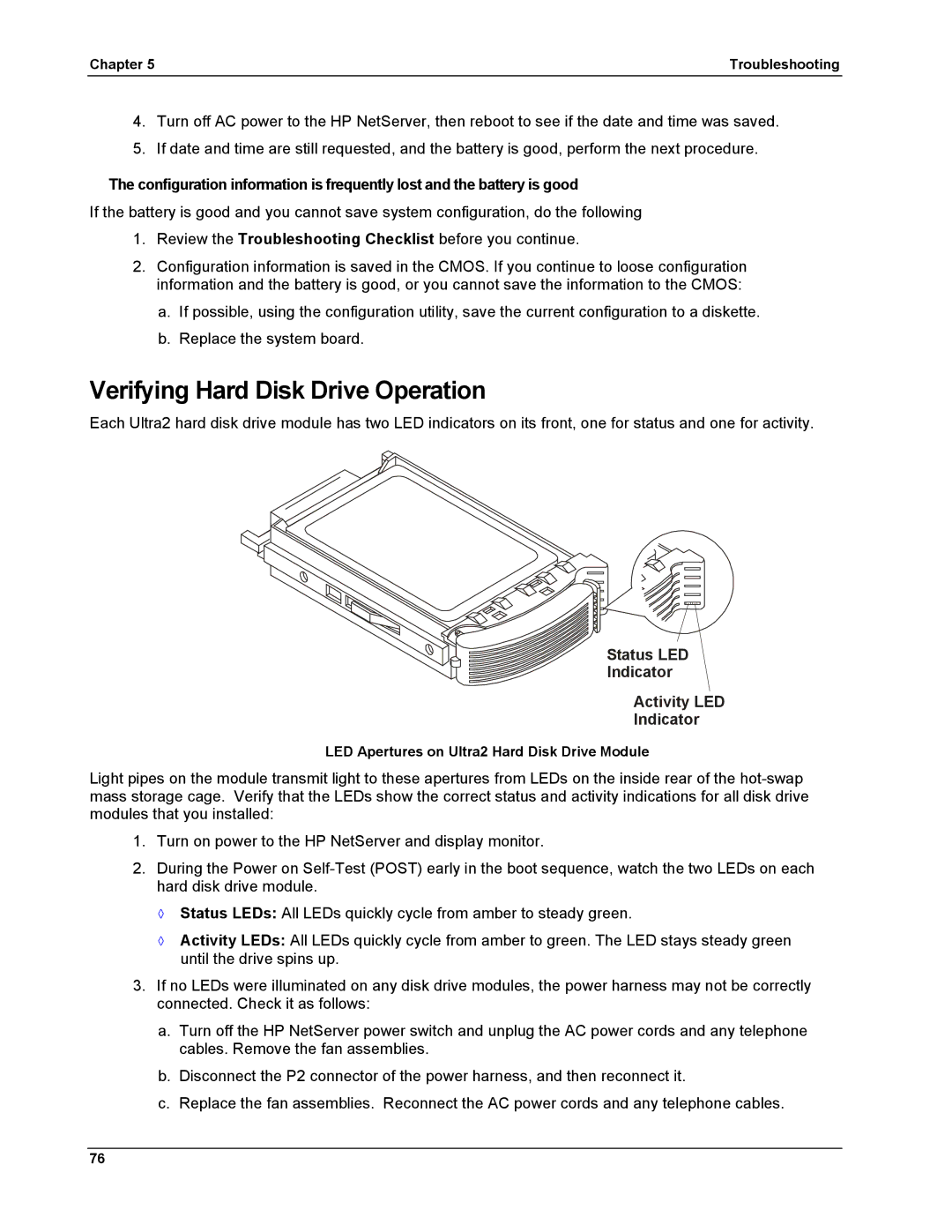 HP LH 6000 manual Verifying Hard Disk Drive Operation, Status LED Indicator Activity LED 