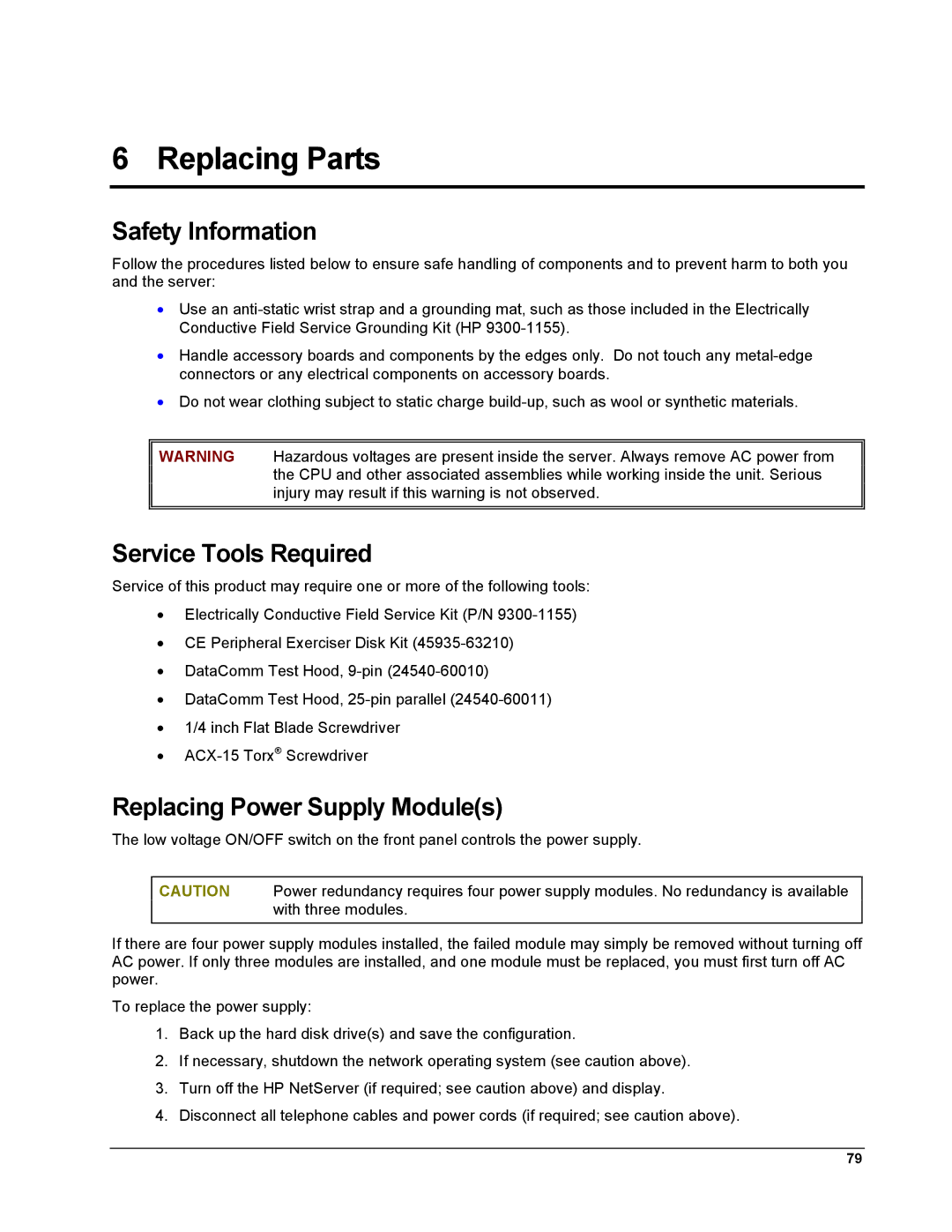 HP LH 6000 manual Safety Information, Service Tools Required, Replacing Power Supply Modules 