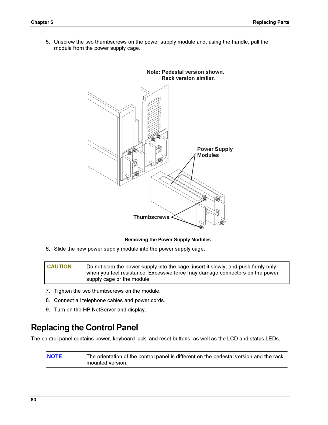 HP LH 6000 manual Replacing the Control Panel, Rack version similar Power Supply Modules Thumbscrews 