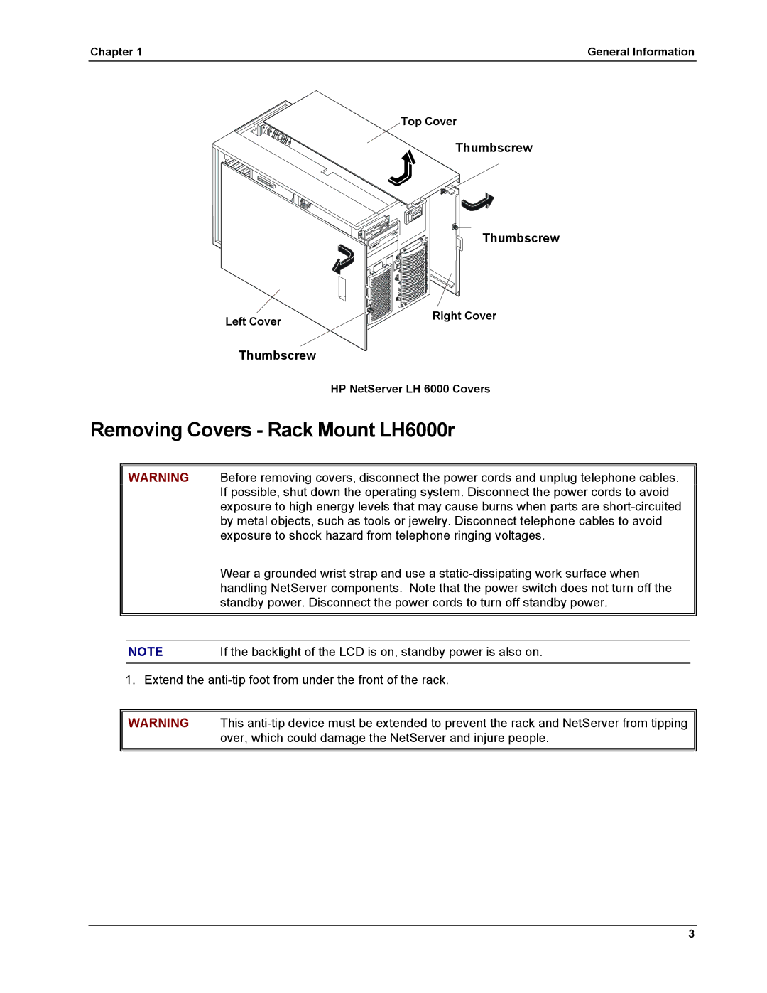 HP LH 6000 manual Removing Covers Rack Mount LH6000r, Thumbscrew 