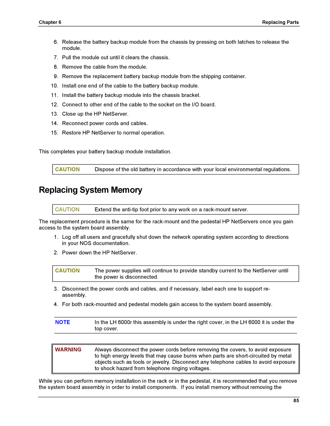 HP LH 6000 manual Replacing System Memory 