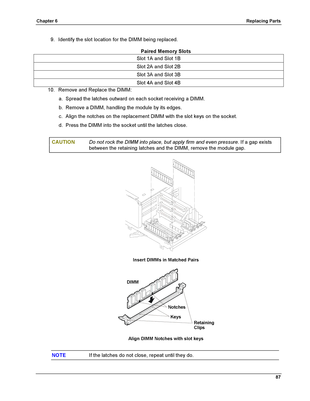 HP LH 6000 manual Paired Memory Slots, If the latches do not close, repeat until they do 