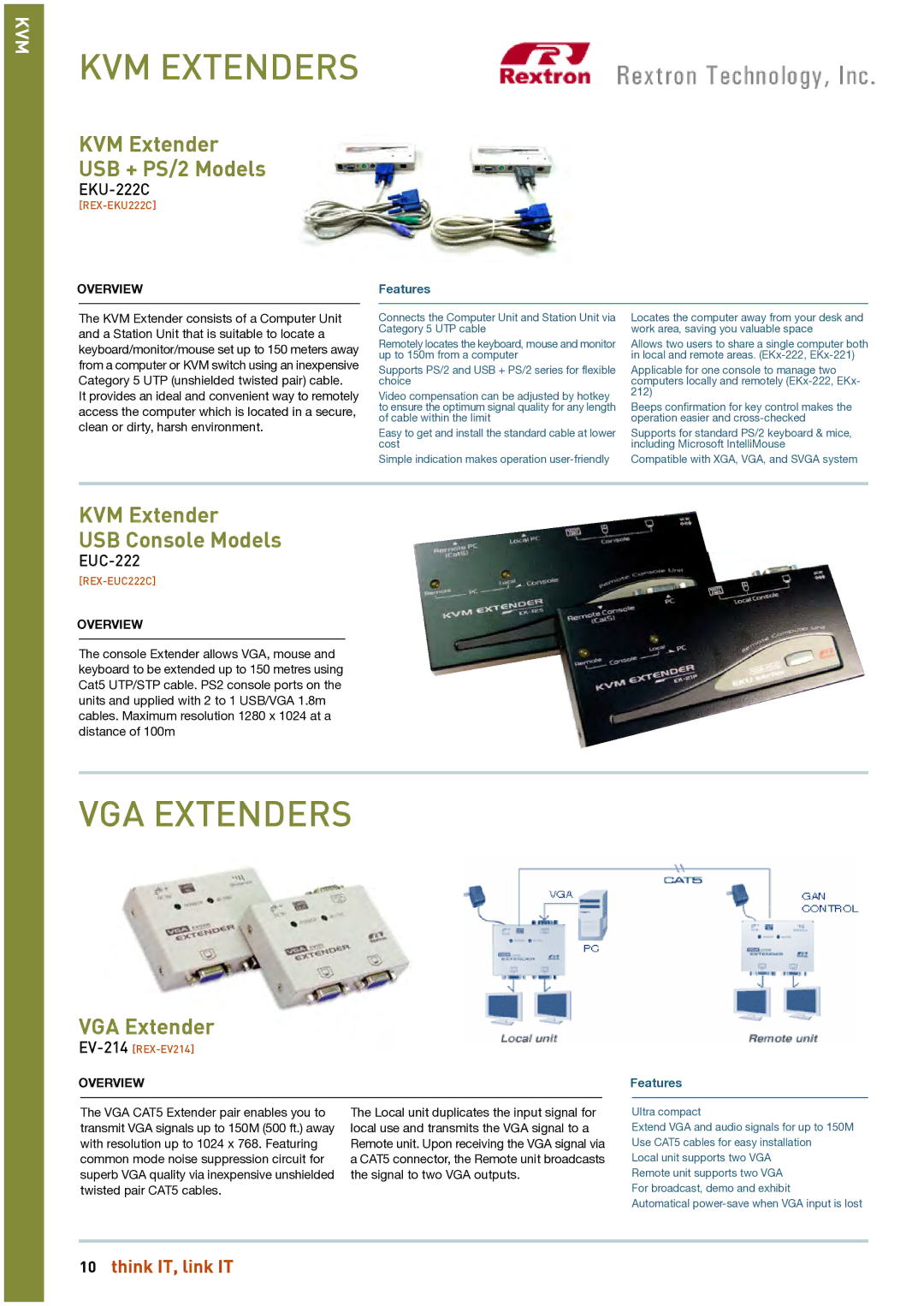 HP Linkqage KVM manual KVM Extender USB + PS/2 Models, KVM Extender USB Console Models, VGA Extender, EKU-222C, EUC-222 