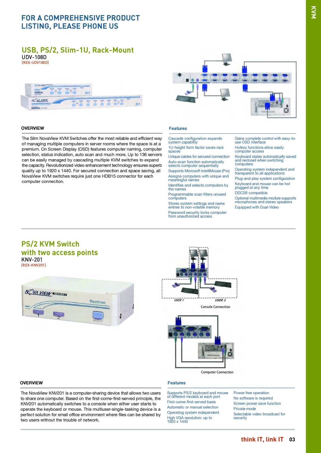 HP Linkqage KVM manual USB, PS/2, Slim-1U, Rack-Mount, PS/2 KVM Switch with two access points, UDV-108D, KNV-201 