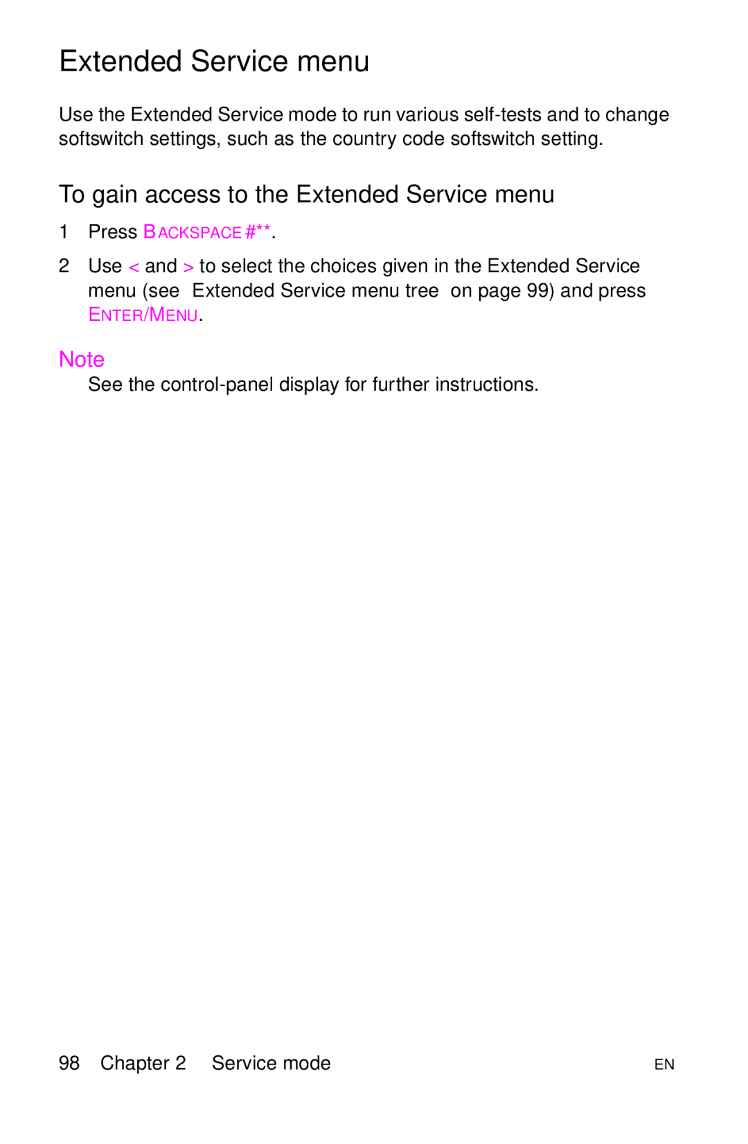 HP LJ 2100M, LJ 4000TN, LJ 2100TN, LJ 1100AXI, LJ 1100SE, LJ 1100ASE manual To gain access to the Extended Service menu 