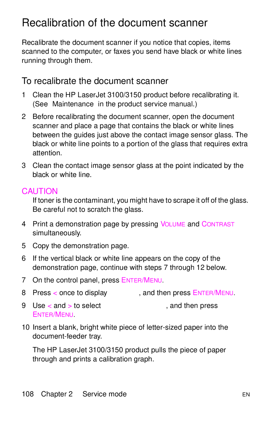 HP LJ 4000TN, LJ 2100M, LJ 2100TN, LJ 1100AXI Recalibration of the document scanner, To recalibrate the document scanner 