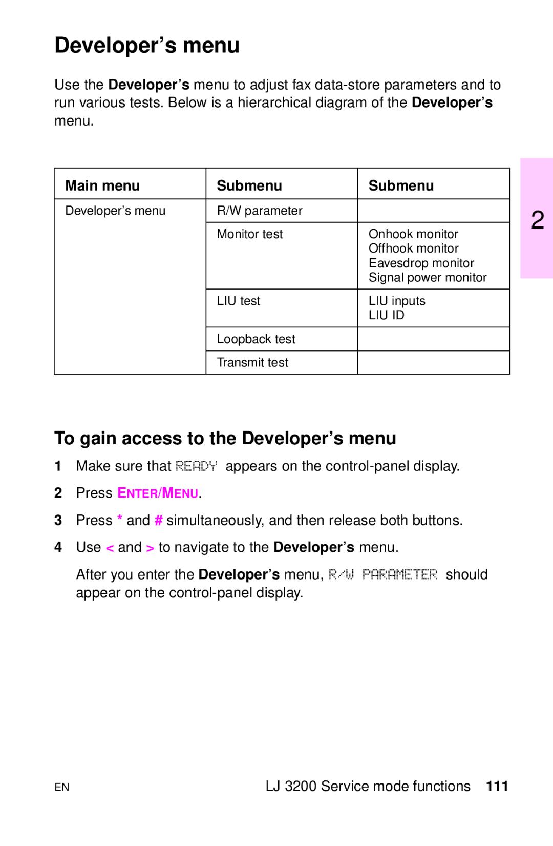 HP LJ 1100AXI, LJ 4000TN, LJ 2100M, LJ 2100TN, LJ 1100SE manual To gain access to the Developer’s menu, Main menu Submenu 