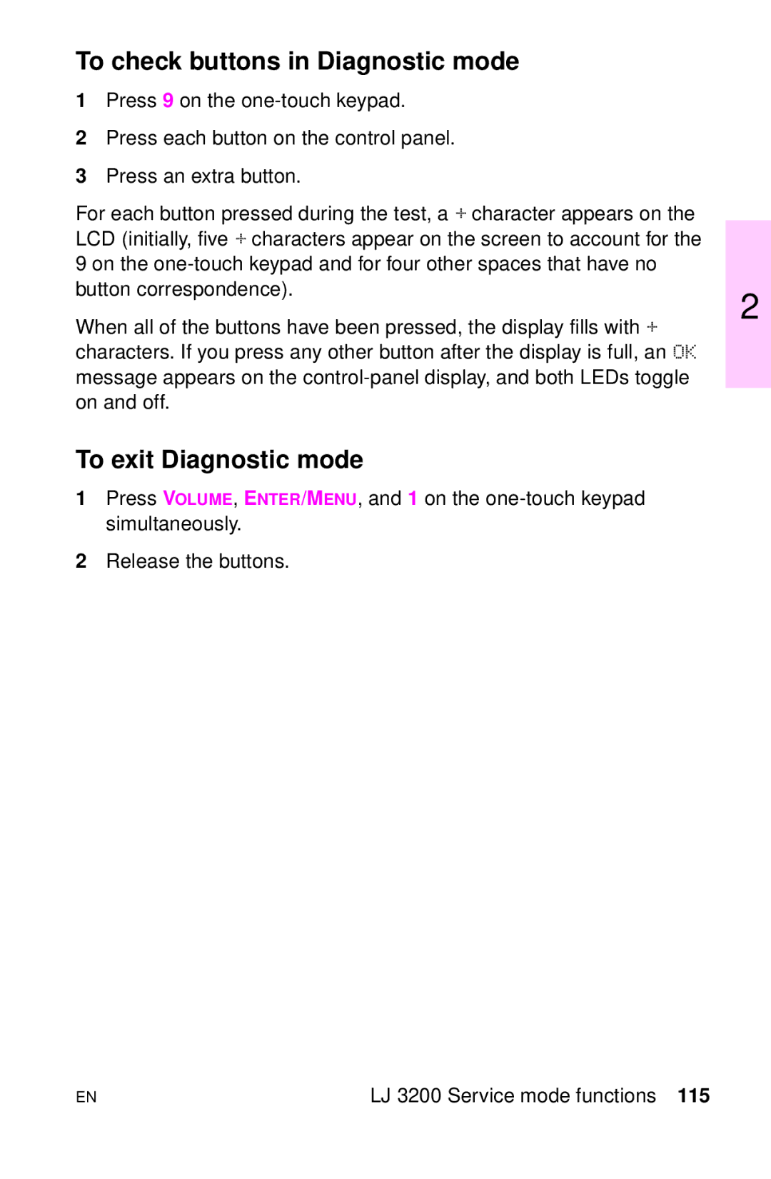 HP LJ 4000TN, LJ 2100M, LJ 2100TN, LJ 1100AXI, LJ 1100SE manual To check buttons in Diagnostic mode, To exit Diagnostic mode 