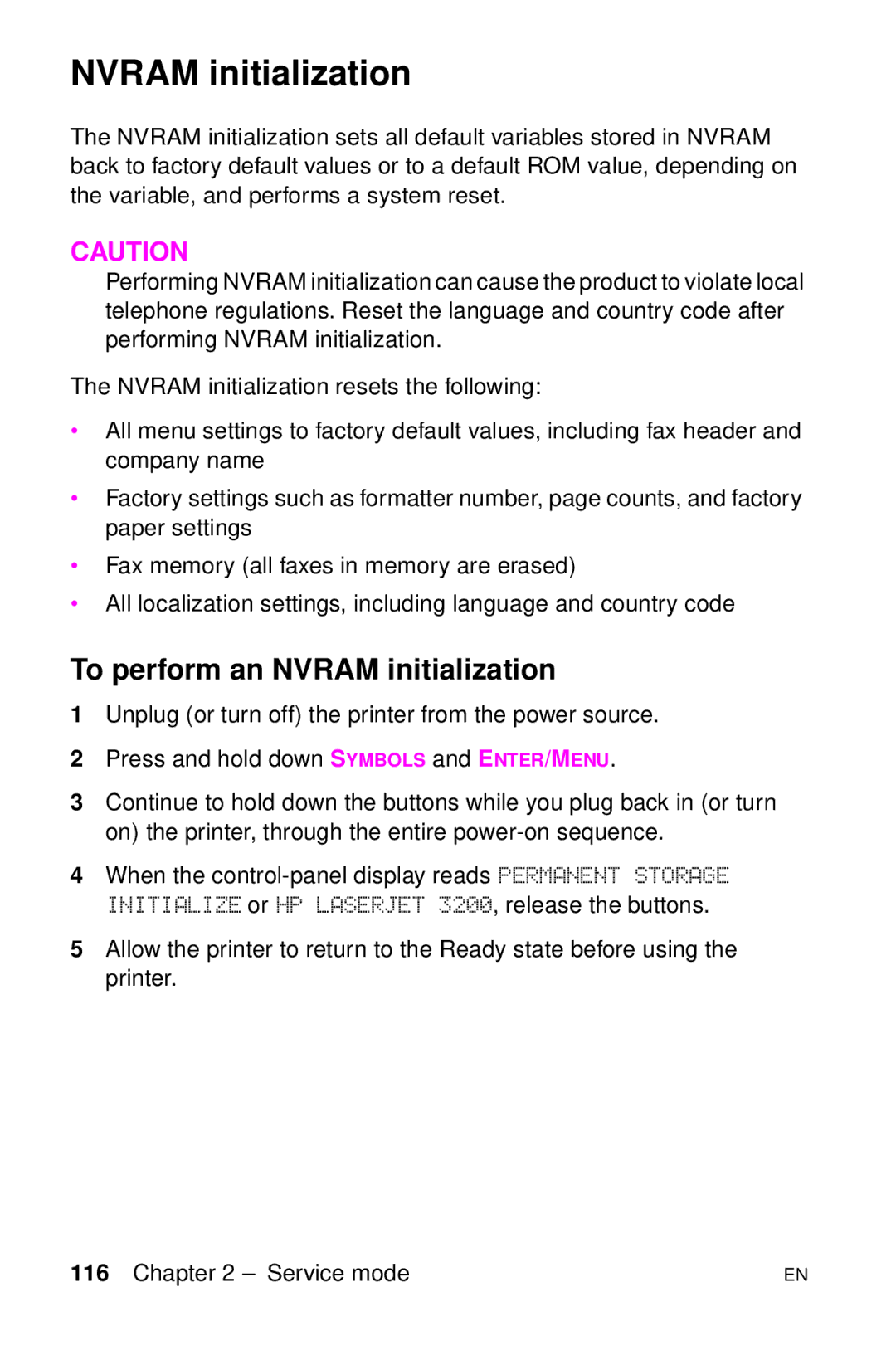 HP LJ 2100M, LJ 4000TN, LJ 2100TN, LJ 1100AXI, LJ 1100SE, LJ 1100ASE manual To perform an Nvram initialization 