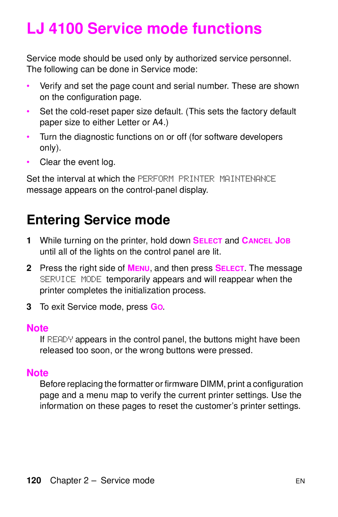 HP LJ 1100AXI, LJ 4000TN, LJ 2100M, LJ 2100TN, LJ 1100SE, LJ 1100ASE LJ 4100 Service mode functions, Entering Service mode 