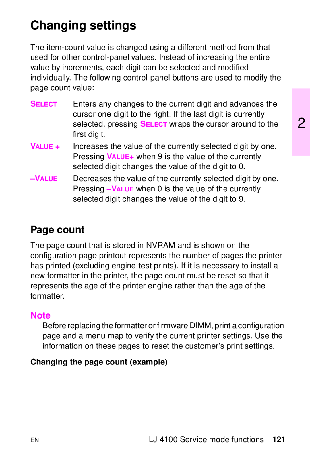 HP LJ 1100SE, LJ 4000TN, LJ 2100M, LJ 2100TN, LJ 1100AXI, LJ 1100ASE Changing settings, Count, Changing the page count example 