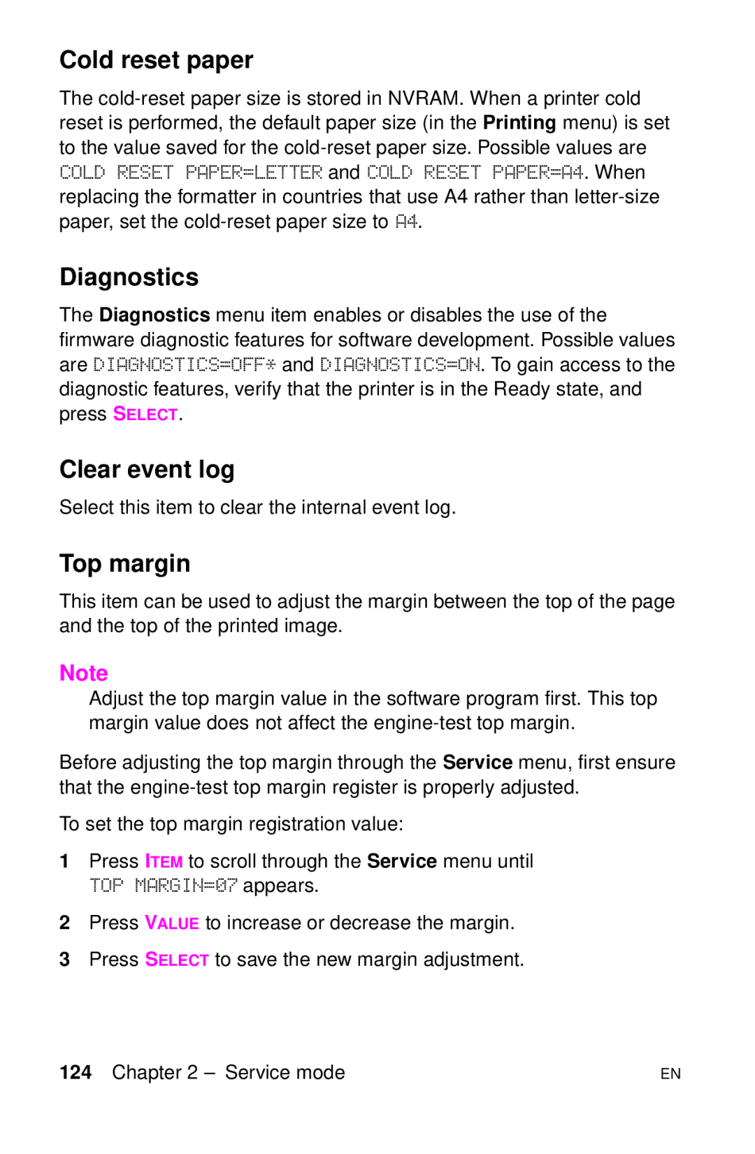HP LJ 4000TN, LJ 2100M, LJ 2100TN, LJ 1100AXI, LJ 1100SE manual Cold reset paper, Diagnostics, Clear event log, Top margin 