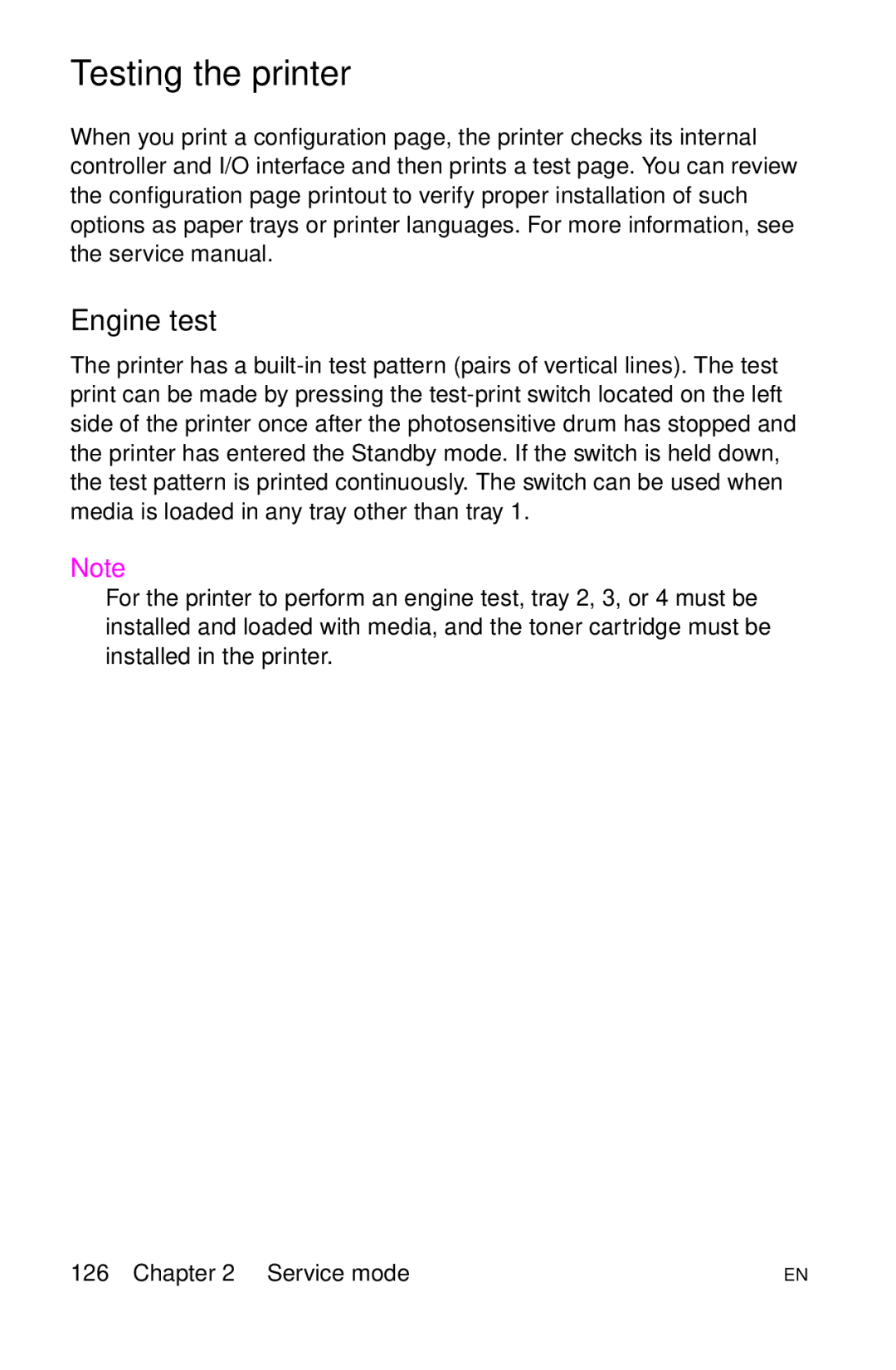 HP LJ 4000TN, LJ 2100M, LJ 2100TN, LJ 1100AXI, LJ 1100SE, LJ 1100ASE manual Testing the printer, Engine test 