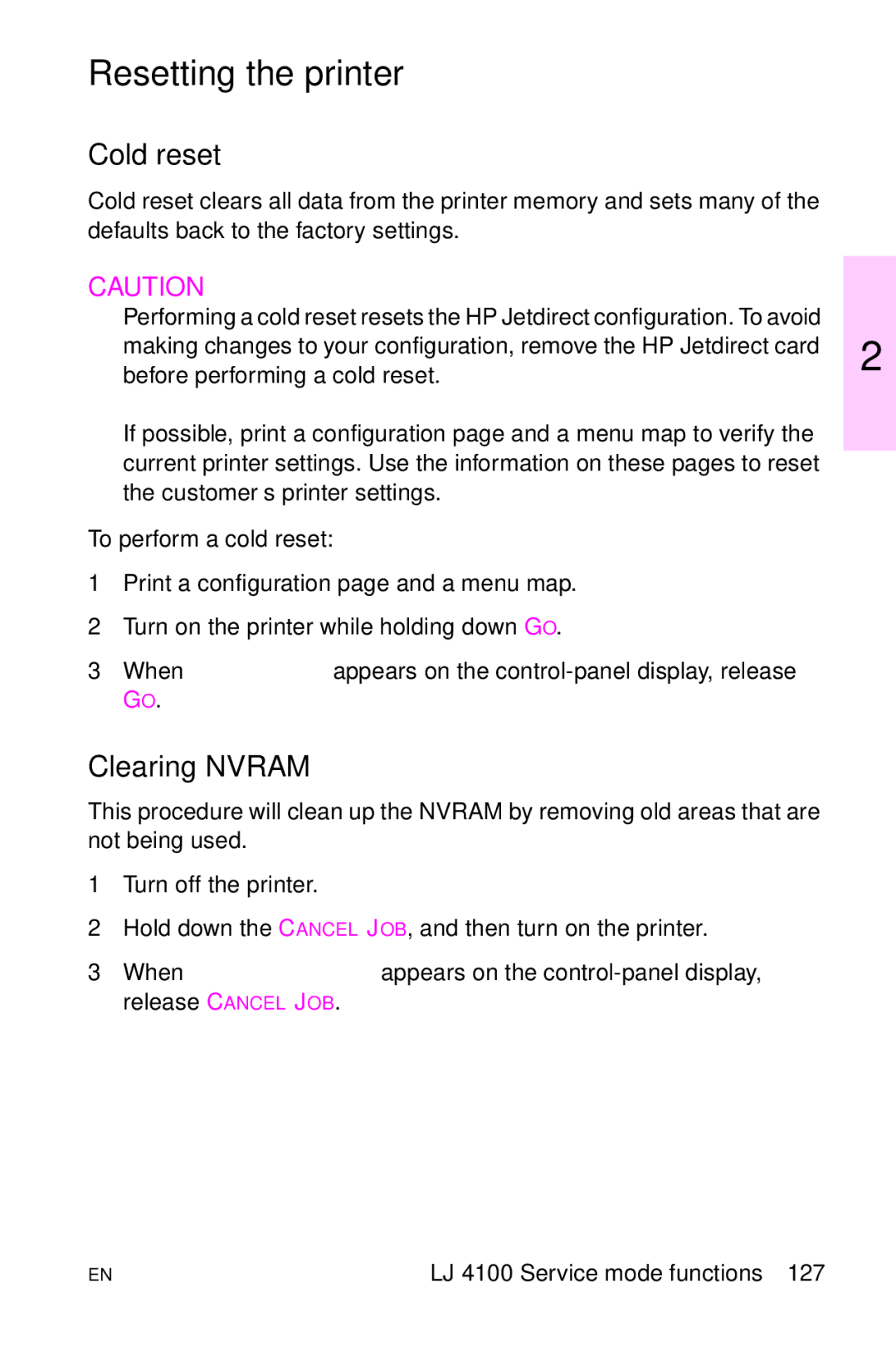 HP LJ 4000TN, LJ 2100M, LJ 2100TN, LJ 1100AXI, LJ 1100SE, LJ 1100ASE manual Cold reset, Clearing Nvram 