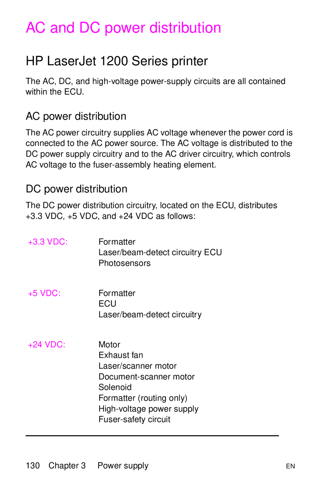 HP LJ 1100SE, LJ 4000TN, LJ 2100M manual AC and DC power distribution, HP LaserJet 1200 Series printer, AC power distribution 